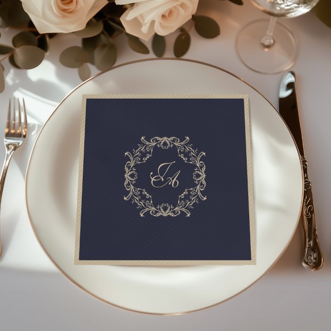 Navyblaue Barock-Monogramm-Hochzeitsservietten Serviette (Von Creator hochgeladen)