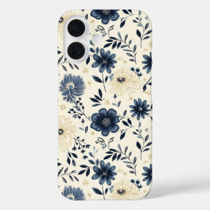 Navyblaue beigefarbene Vintage-Folk-Art-Blumen iPhone 16 Hülle