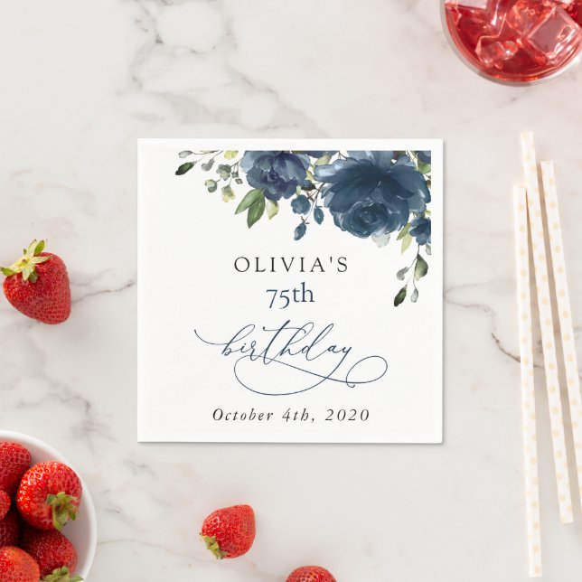 Navyblaue Blumen, Grün, Boho, Geburtstag Serviette (Beispiel)