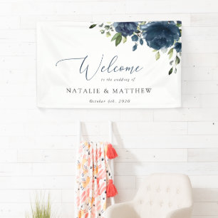 Navyblaue Blumen, Grün, Boho, Hochzeitsbegrüßung Banner
