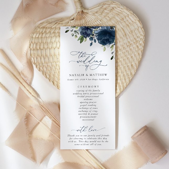 Navyblaue Blumen, Grün, Boho, Hochzeitsprogramm Programm (Von Creator hochgeladen)