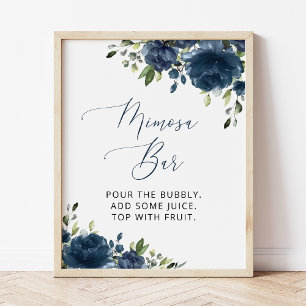 Navyblaue Blumen, Grün, Boho, Mimosa-Bar  Poster