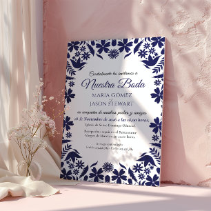 Navyblaue Blumen Hochzeit im klassischen spanische Einladung