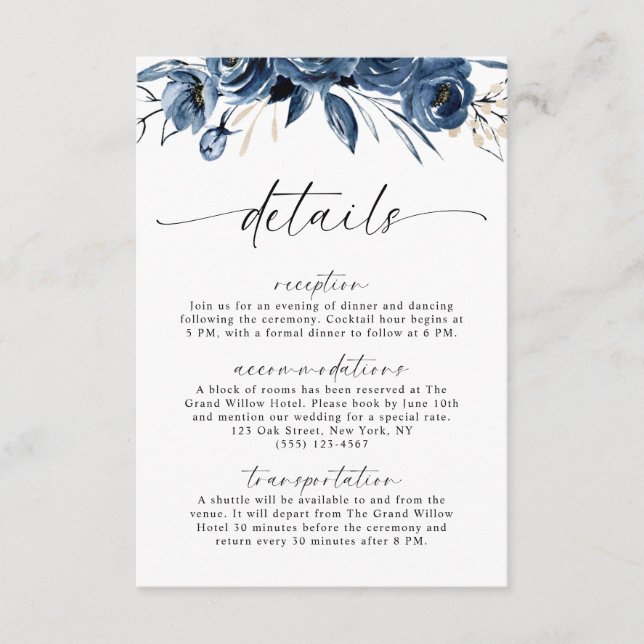 Navyblaue Blumen Hochzeit Kalligrafie QR Code Begleitkarte (Vorderseite)