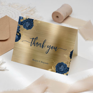 Navyblaue Blumen-Hochzeit mit Gold und gebürstetem Dankeskarte