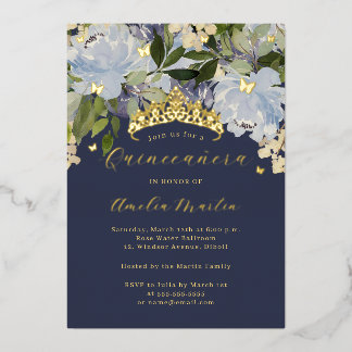 Navyblaue Blumen-Schmetterlinge-Quinceanera glänze Folieneinladung