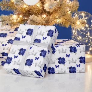 Navyblaue Blumen und silberne Kronen Geschenkpapier
