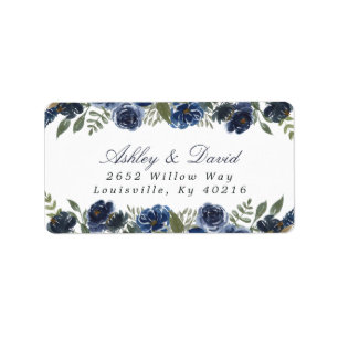 Navyblaue Blumen Wasserfarbe Florales Adressetiket Adressaufkleber