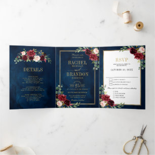 Navyblaue Blush-Wasserfarbe Gold Geometrische Hoch Dreifach Gefaltete Ankündigung