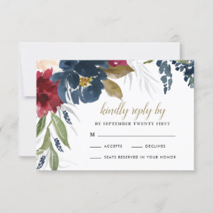 Navyblaue Burgunder-Rosa-Blush-Pink-Silber-Gold-Ho RSVP Karte