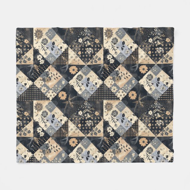 Navyblaue Creme-Quilt-Patchwork-Gingham-Patchwork Fleecedecke (Vorderseite (Horizontal))