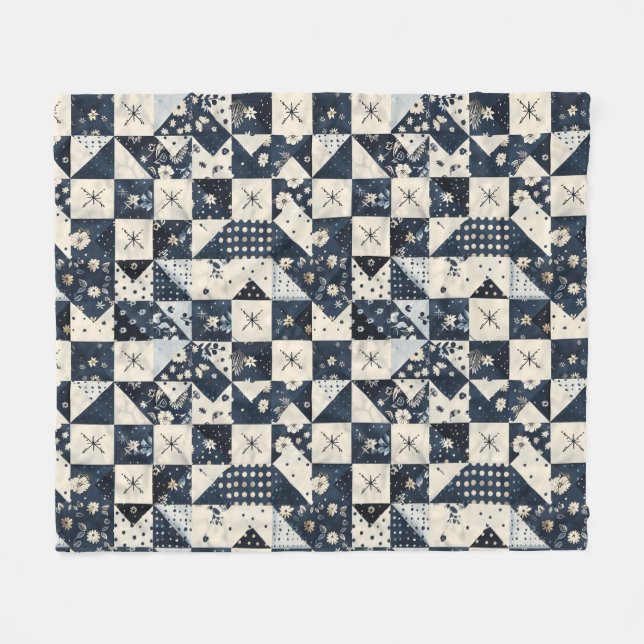 Navyblaue Creme-Quilt-Patchwork-Gingham-Patchwork Fleecedecke (Vorderseite (Horizontal))