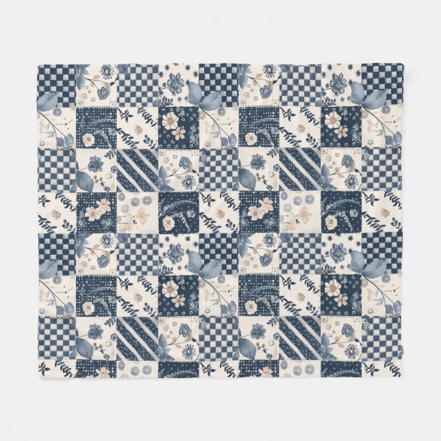Navyblaue Creme-Quilt-Patchwork-Gingham-Patchwork Fleecedecke (Vorderseite (Horizontal))