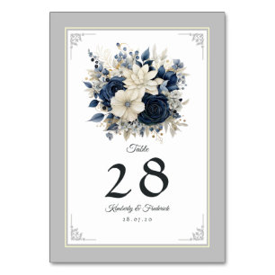 Navyblaue, cremefarbene und silberne Hochzeit mit Tischnummer