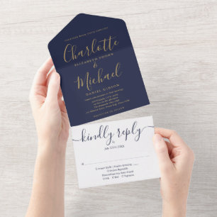 Navyblaue elegante Goldschrift minimalistische Hoc All In One Einladung