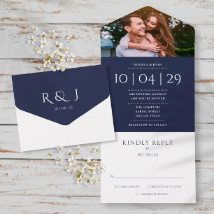 Navyblaue elegante Monogrammfoto-Hochzeitsdatum All In One Einladung