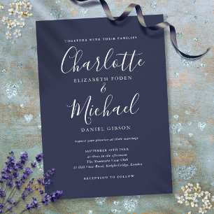 Navyblaue elegante Unterschriften-Hochzeit  Einladung