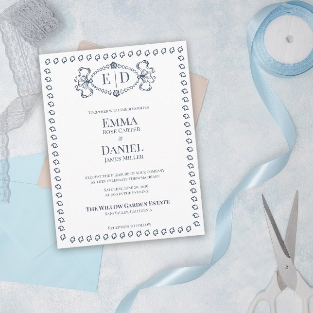 Navyblaue Familienwappen-Monogramm-Hochzeit Einladungspostkarte (Navy Blue Heirloom Crest Wedding Invitation | Elegant Monogram Formal Traditional Wedding Invite)