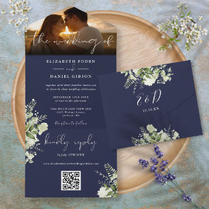 Navyblaue Florale Grünpflanzen QR-Code Hochzeitsfo All In One Einladung
