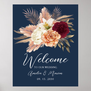 Navyblaue Florale Hochzeitsbegrüßung Poster