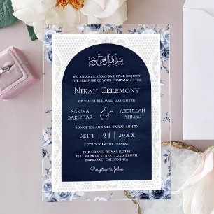 Navyblaue Florale Weiße Spitze Muslimische Hochzei Acryleinladungen