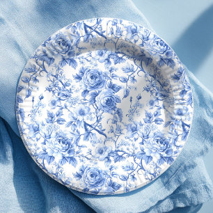 Navyblaue französische Toile-Rosen Blumen-Papierte Pappteller
