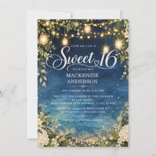 Navyblaue Gartenlichter Floral Sweet 16 Einladung