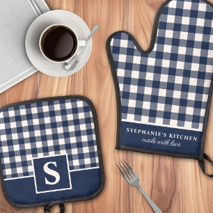 Navyblaue Gingham-Karo Kariert Monogrammiert Ofenhandschuh & Topflappen-Set