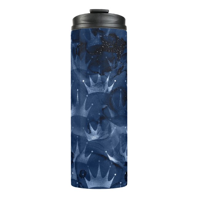Navyblaue Glitzer-Meerjungfrau-Kronen-Muster Thermosbecher (Vorderseite)