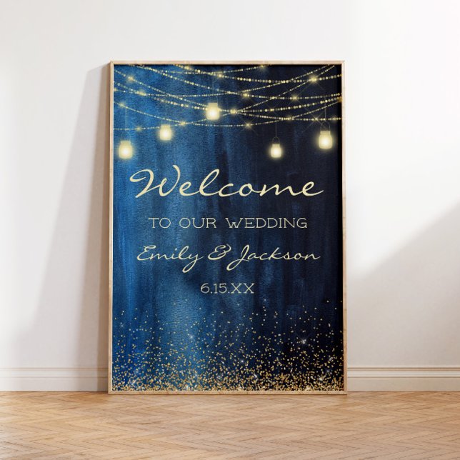 Navyblaue Gold-Lichterkette Hochzeitsbegrüßung Poster (Navy blue and gold string lights wedding welcome poster)