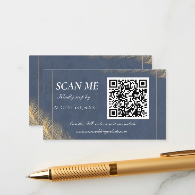 Navyblaue Gold-QR-Code-Digital-Hochzeits-RSVP-Kart Begleitkarte (Vorderseite/Rückseite Beispiel)