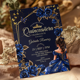 Navyblaue goldene Rosen Schmetterlinge Quinceañera Einladung
