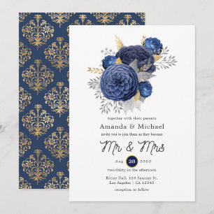 Navyblaue, goldene und silberne Blumenhochzeit Einladung