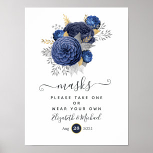 Navyblaue, goldene und silberne florale Hochzeits- Poster