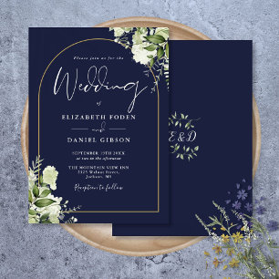 Navyblaue Greenery-Goldbogen-Monogramm-Hochzeit Einladung