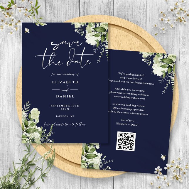 Navyblaue Grünpflanzen-Blumen-QR-Code-Hochzeit Save The Date (Navy Blue Greenery Floral QR Code Wedding Save The Date)