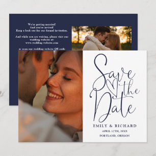 Navyblaue Hochzeit 2 Foto QR Code Elegante Schrift Save The Date