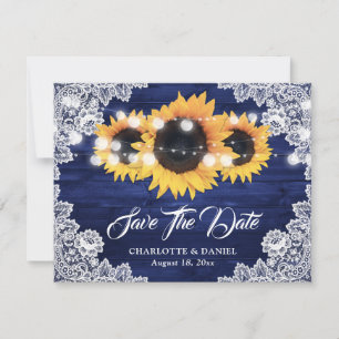 Navyblaue Holz-Blumen-Spitze-Sonnenblumen-Hochzeit Ankündigung