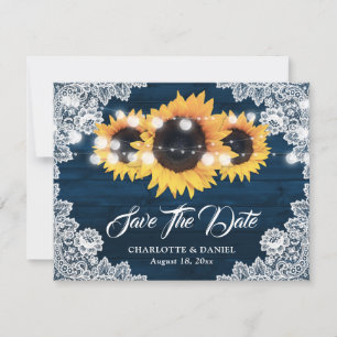 Navyblaue Holz-Jute-Spitze-Sonnenblumen-Hochzeit Ankündigung
