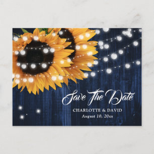 Navyblaue Holz-Lichterkette Sonnenblumen Hochzeit Ankündigungspostkarte