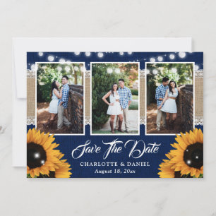 Navyblaue Holzburlap-Spitze-Sonnenblumen-Hochzeits Save The Date