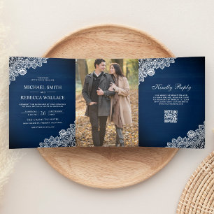 Navyblaue Holzspitze Foto QR Code Hochzeit Dreifach Gefaltete Einladung