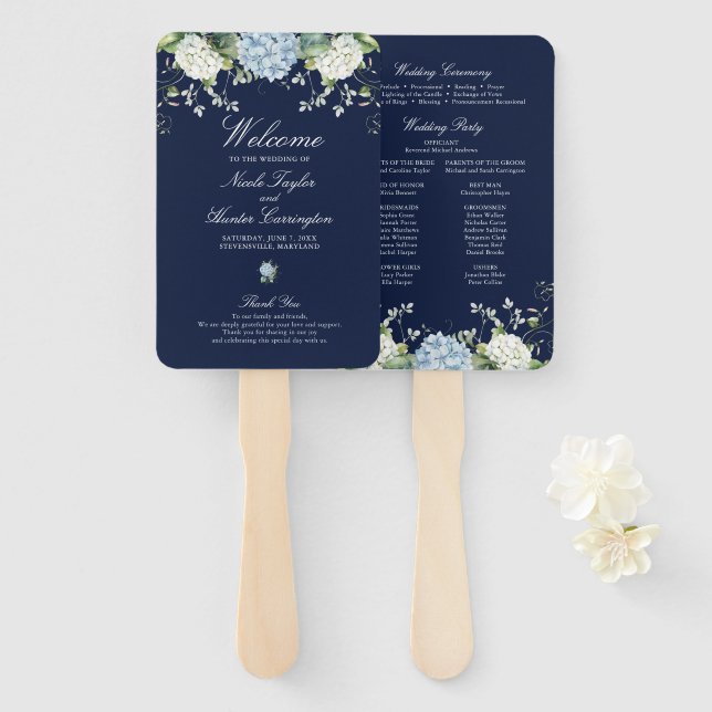 Navyblaue Hortensien-Hochzeitsprogramm Fächer (Vorne und Hinten)