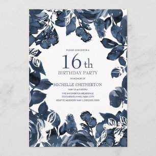 Navyblaue Indigoblätter zum 16. Geburtstag Einladung