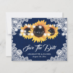 Navyblaue Jute-Blumen-Spitze-Sonnenblumen-Hochzeit Ankündigung