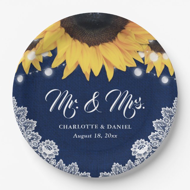 Navyblaue Jute-Blumen-Spitze-Sonnenblumen-Hochzeit Pappteller (Vorderseite)