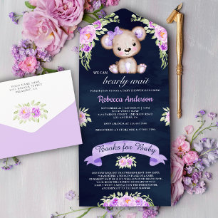 Navyblaue lila Blumen Teddybär Babyparty All In One Einladung
