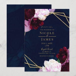 Navyblaue melancholische moderne florale Hochzeit Einladung