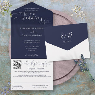 Navyblaue minimalistische Herz-Schrift-QR-Code-Hoc All In One Einladung