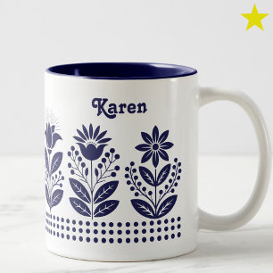 Navyblaue minimalistische Volkskunst-Blumen mit in Zweifarbige Tasse